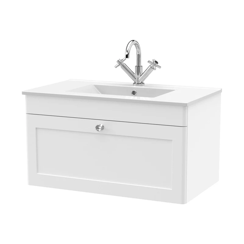 Nuie Classique 800mm Wall Hung Single Drawer Vanity With Basin - 1 Tap Hole Traditional Satin White Vitreous China 449x805x460mm