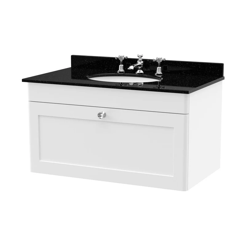 Nuie Classique 800mm Wall Hung 1 Drawer Vanity & Marble Top 3th Traditional Satin White MFC Painted Matt 445x820x463mm - CLC196BR3