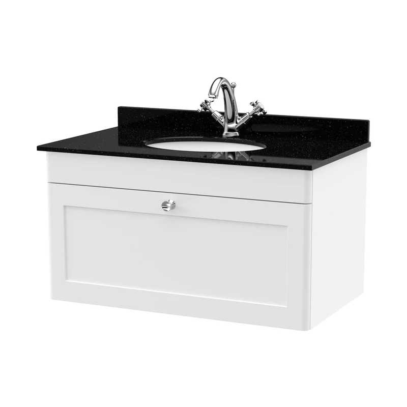 Nuie Classique 800mm Wall Hung 1 Drawer Vanity & Marble Top 1th Traditional Satin White MFC Painted Matt 445x820x463mm - CLC196BR1