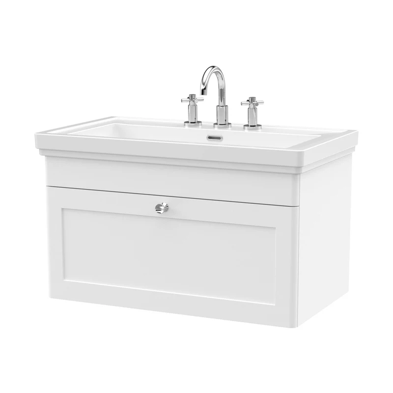 Nuie Classique 800mm Wall Hung 1-drawer Vanity & Basin 3th Traditional Satin White MFC Painted Matt 496x830x470mm