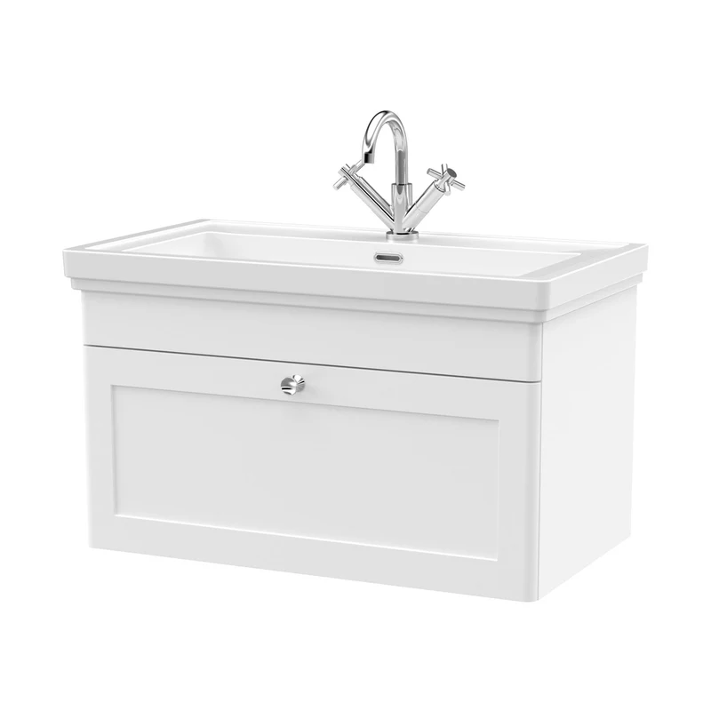 Nuie Classique 800mm Wall Hung 1-drawer Vanity & Basin 1th Traditional Satin White MFC Painted Matt 496x830x470mm