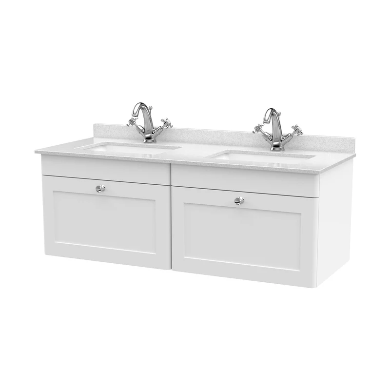 Nuie Classique 1200mm Wall Hung 2 Drawer Vanity & Marble Top Traditional Satin White MFC Painted Matt 445x1220x463mm - CLC194WS2