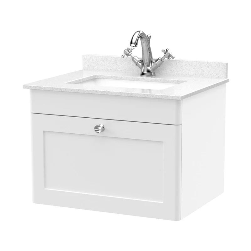 Nuie Classique 600mm Wall Hung 1 Drawer Vanity & Marble Top 1th Traditional Satin White MFC Painted Matt 445x620x463mm - CLC194WS1
