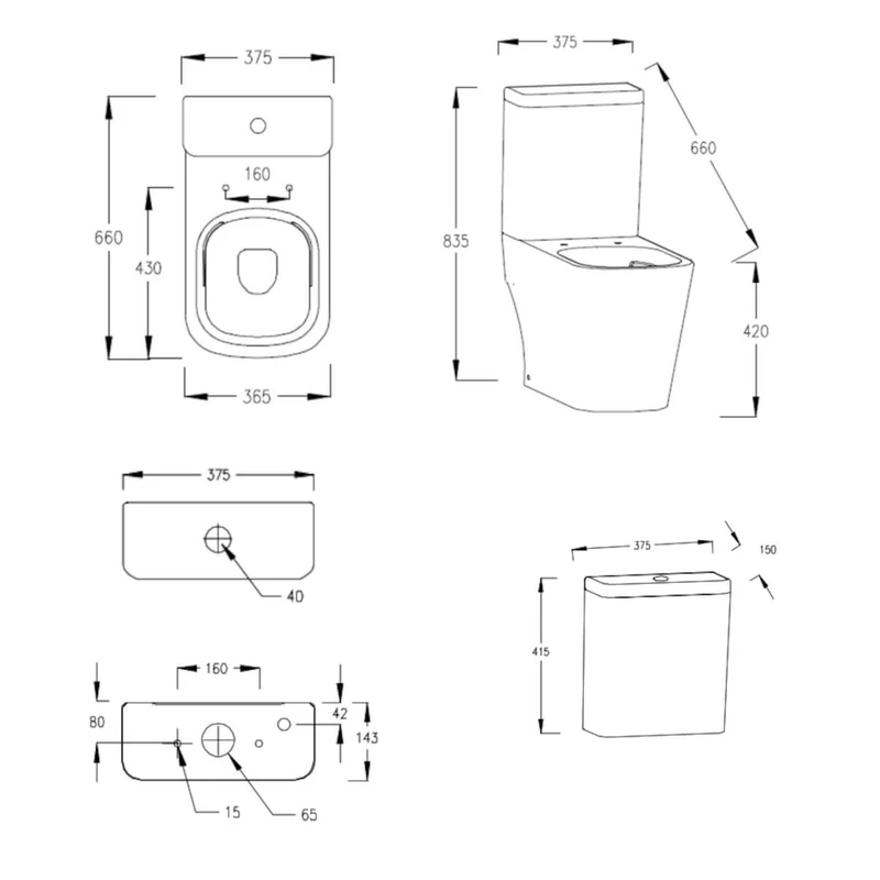 Lux Square Rimless Close Coupled Toilet & Soft Close Seat - Matt Black Fittings