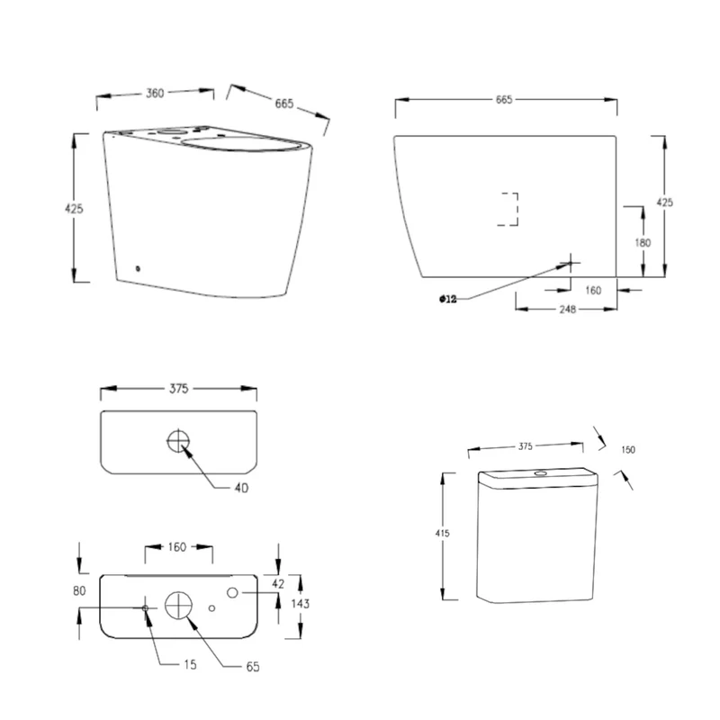 Lux Square Rimless Back To Wall Close Coupled Toilet & Soft Close Seat - Chrome Fittings