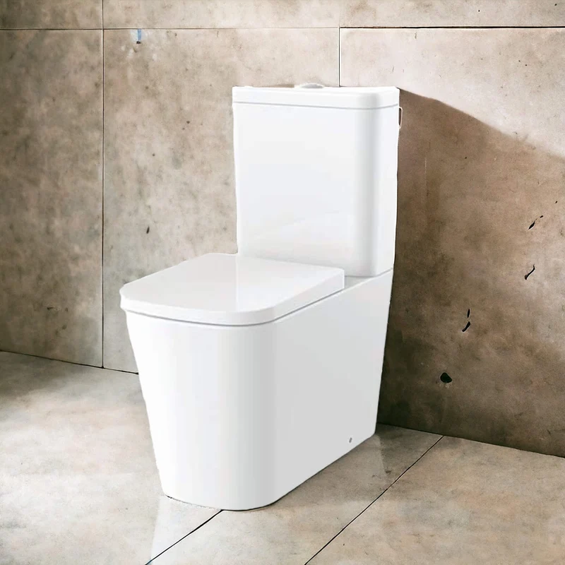 Lux Square Rimless Back To Wall Close Coupled Toilet & Soft Close Seat - Brushed Brass Fittings