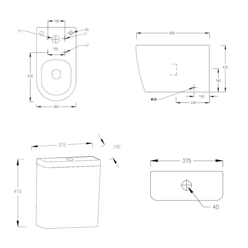 Lux Round Rimless Back To Wall Close Coupled Toilet & Soft Close Seat - Matt Black Fittings