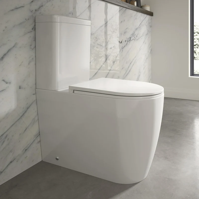 Lux Round Rimless Back To Wall Close Coupled Toilet & Soft Close Seat - Brushed Brass Fittings