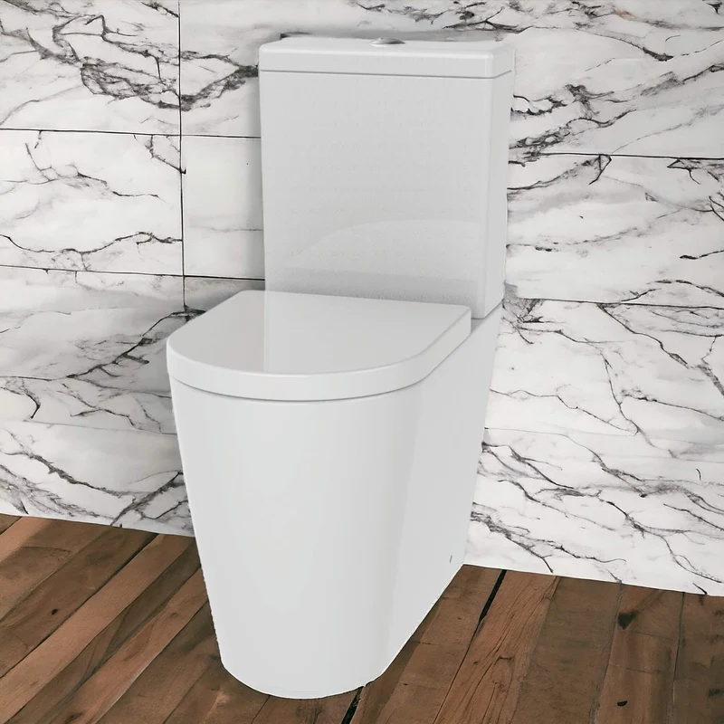 Lux Round Comfort Height Rimless Back To Wall Close Coupled Toilet & Soft Close Seat - Brushed Brass Fittings
