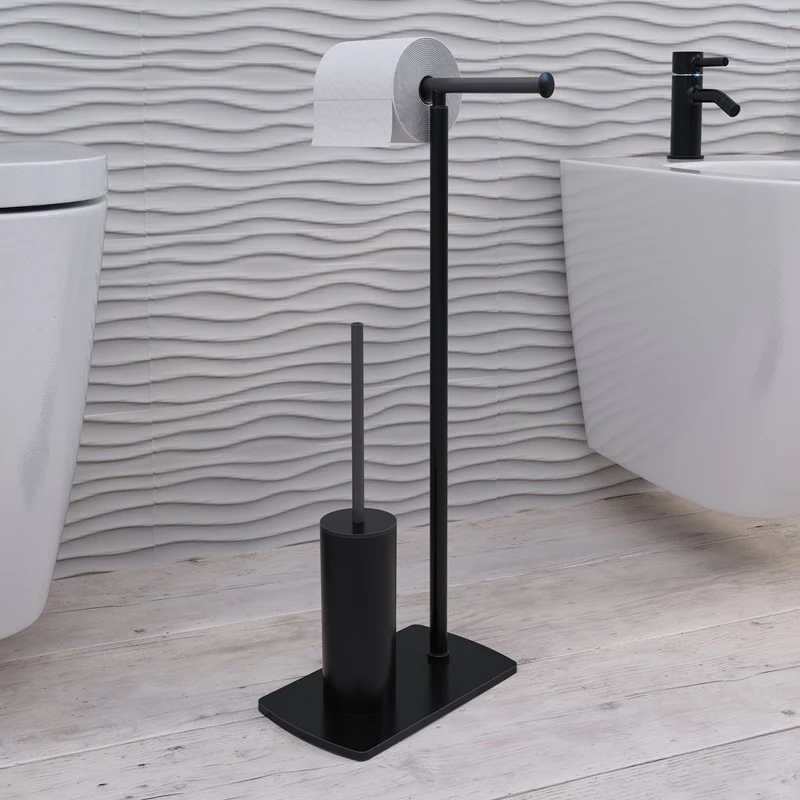 Origins Living Florida Bathroom Butler With Double Swivel Toilet Roll Holder & Brush Set - Matt Black