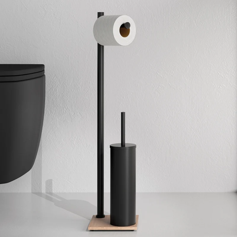 Origins Living Trilly Bathroom Butler With Toilet Brush & Roll Holder - Matt Black & Bamboo
