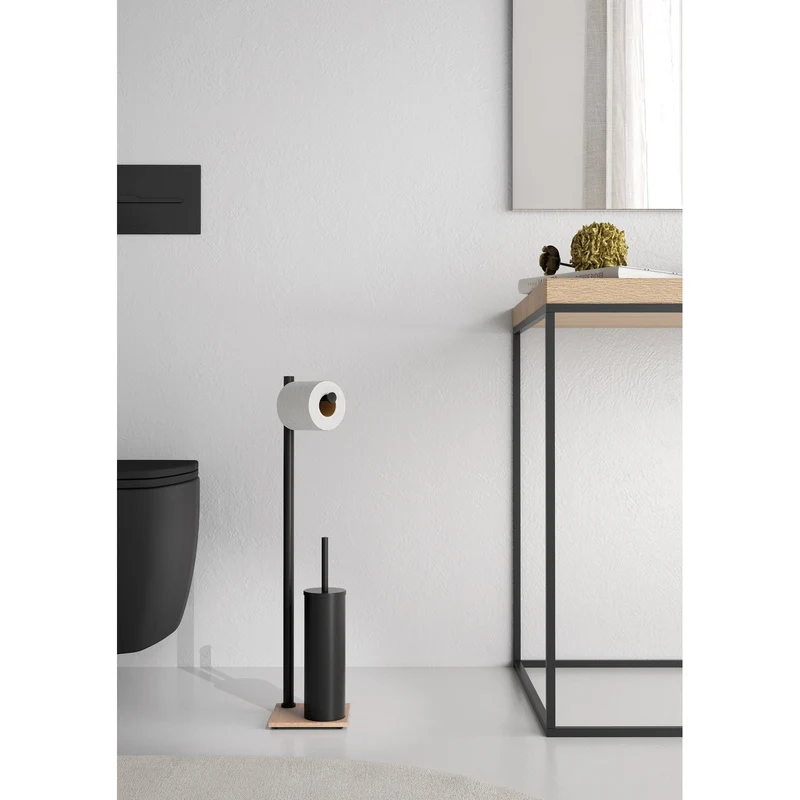 Origins Living Trilly Bathroom Butler With Toilet Brush & Roll Holder - Matt Black & Bamboo