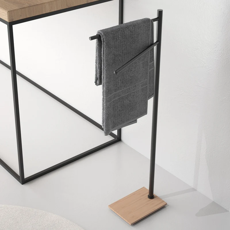 Origins Living Trilly Towel Stand With 2 Swivel Arms - Matt Black & Bamboo