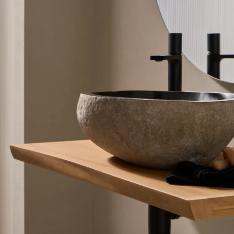 Stonix Carved Natural Stone Basin - 42x38x15cm - Dark grey