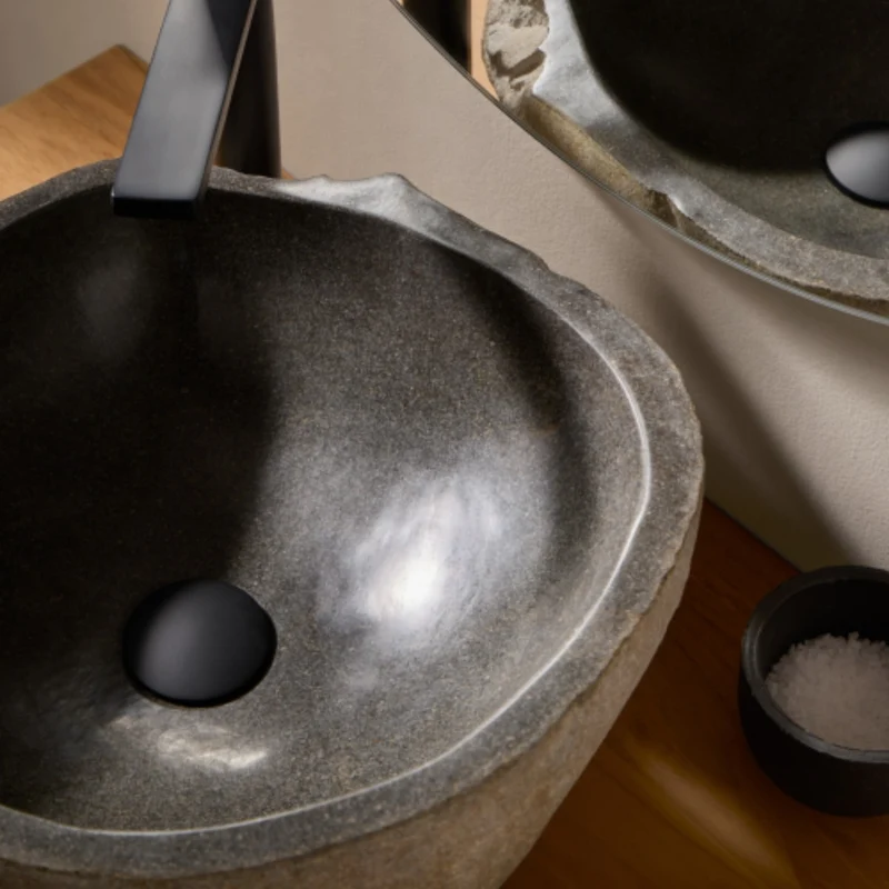 Stonix Carved Natural Stone Basin - 42x38x15cm - Dark grey