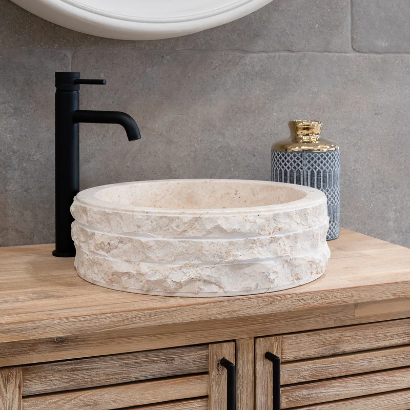 Cali Carved Natural Stone Basin - 40x40x15cm - Ivory
