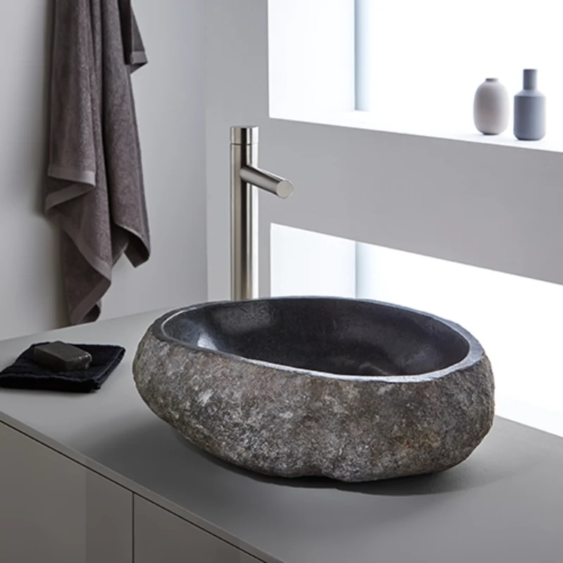 Rock Carved Natural Stone Basin - 45x40x15cm - Dark grey