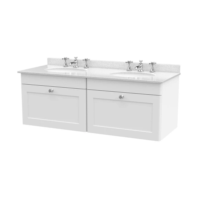 Nuie Classique 1200mm Wall Hung 2 Drawer Vanity & Marble Top Traditional Satin White MFC Painted Matt 445x1220x463mm - CLC194WR6