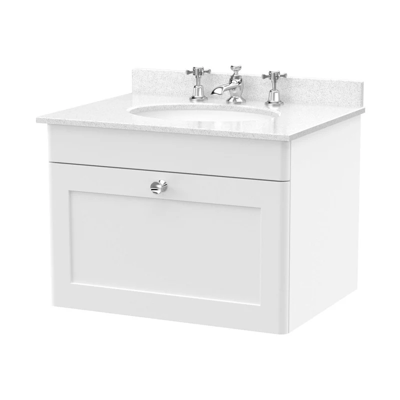 Nuie Classique 600mm Wall Hung 1 Drawer Vanity & Marble Top 3th Traditional Satin White MFC Painted Matt 445x620x463mm - CLC194WR3
