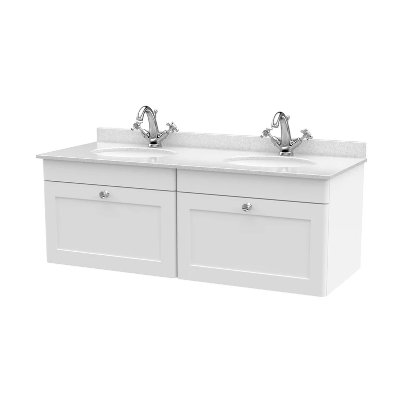 Nuie Classique 1200mm Wall Hung 2 Drawer Vanity & Marble Top Traditional Satin White MFC Painted Matt 445x1220x463mm - CLC194WR2