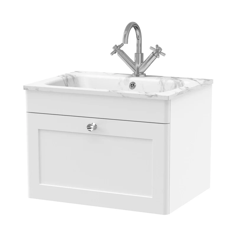Nuie Classique 600mm Wall Hung 1-drawer Unit & Stone Basin 1th Traditional Satin White MFC Painted Matt,stone 447x610x460mm - CLC194Q