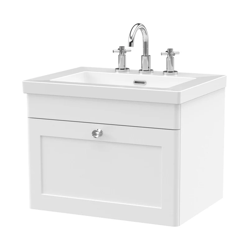 Nuie Classique 600mm Wall Hung 1-drawer Vanity With Basin - 3 Tap Hole Traditional Satin White Fireclay 476x613x462mm