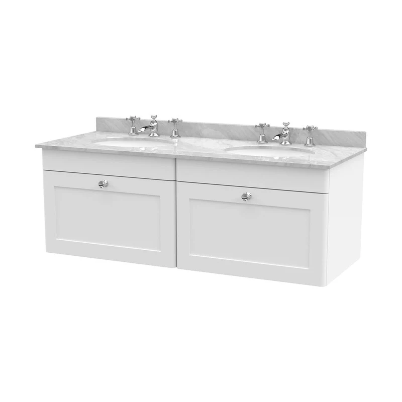 Nuie Classique 1200mm Wall Hung 2 Drawer Vanity & Marble Top Traditional Satin White MFC Painted Matt 445x1220x463mm - CLC194GR6