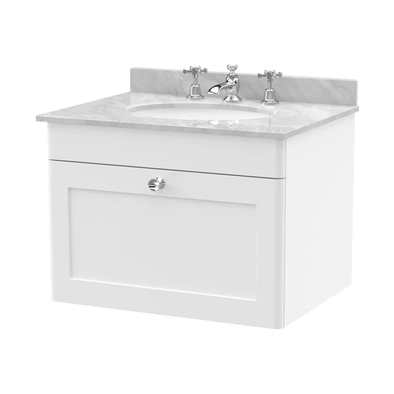 Nuie Classique 600mm Wall Hung 1 Drawer Vanity & Marble Top 3th Traditional Satin White MFC Painted Matt 445x620x463mm - CLC194GR3