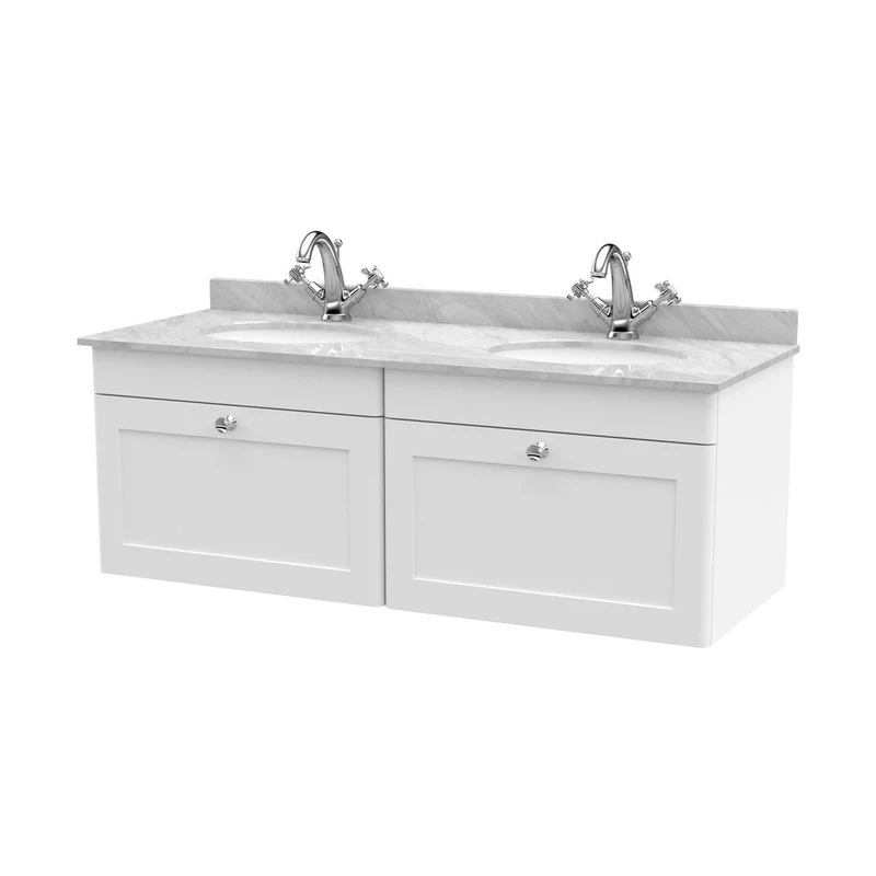 Nuie Classique 1200mm Wall Hung 2 Drawer Vanity & Marble Top Traditional Satin White MFC Painted Matt 445x1220x463mm - CLC194GR2