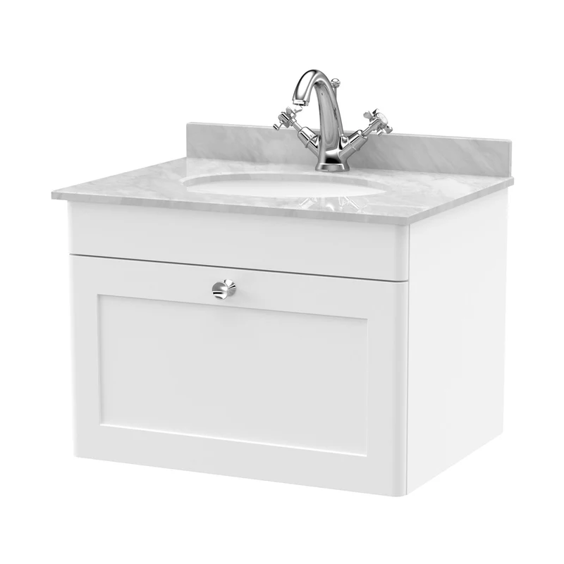 Nuie Classique 600mm Wall Hung 1 Drawer Vanity & Marble Top 1th Traditional Satin White MFC Painted Matt 445x620x463mm - CLC194GR1