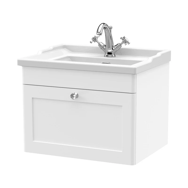 Nuie Classique 600mm Wall Hung 1 Drawer Vanity & Basin 1th Traditional Satin White MFC Painted Matt 489x620x470mm