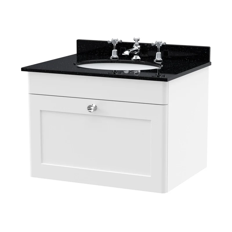 Nuie Classique 600mm Wall Hung 1 Drawer Vanity & Marble Top 3th Traditional Satin White MFC Painted Matt 445x620x463mm - CLC194BR3