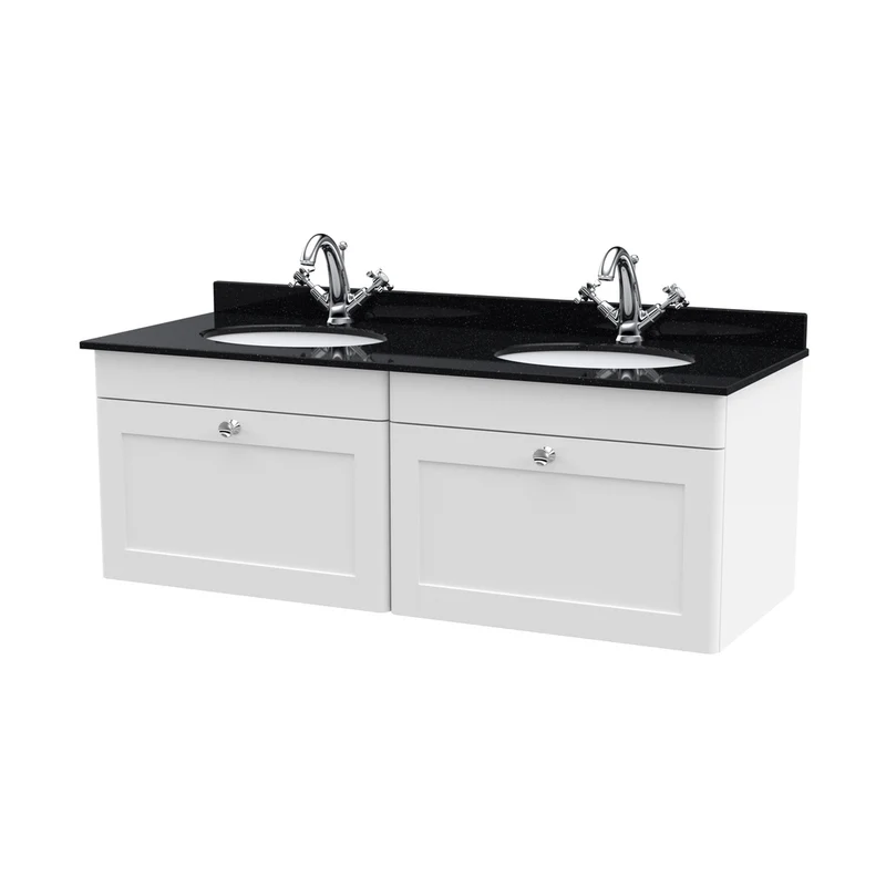 Nuie Classique 1200mm Wall Hung 2 Drawer Vanity & Marble Top Traditional Satin White MFC Painted Matt 445x1220x463mm - CLC194BR2