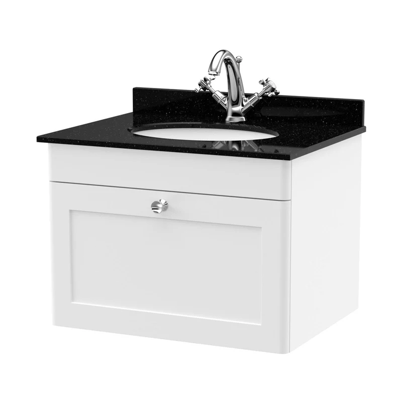 Nuie Classique 600mm Wall Hung 1 Drawer Vanity & Marble Top 1th Traditional Satin White MFC Painted Matt 445x620x463mm - CLC194BR1
