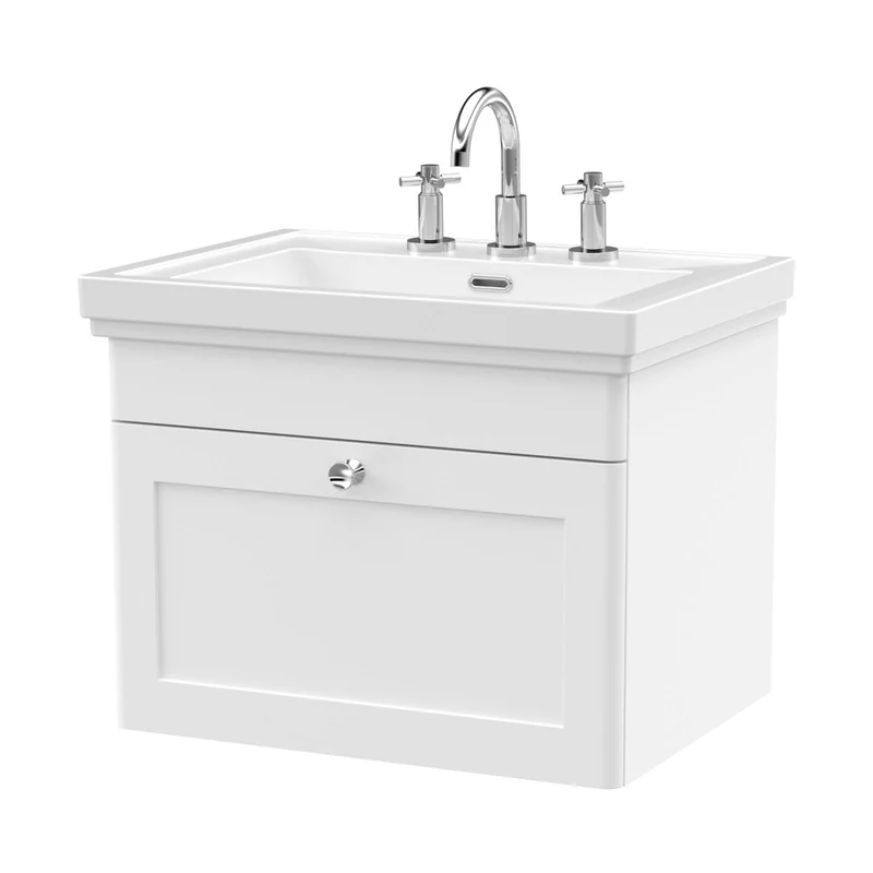 Nuie Classique 600mm Wall Hung 1-drawer Vanity & Basin 3th Traditional Satin White MFC Painted Matt 496x631x471mm