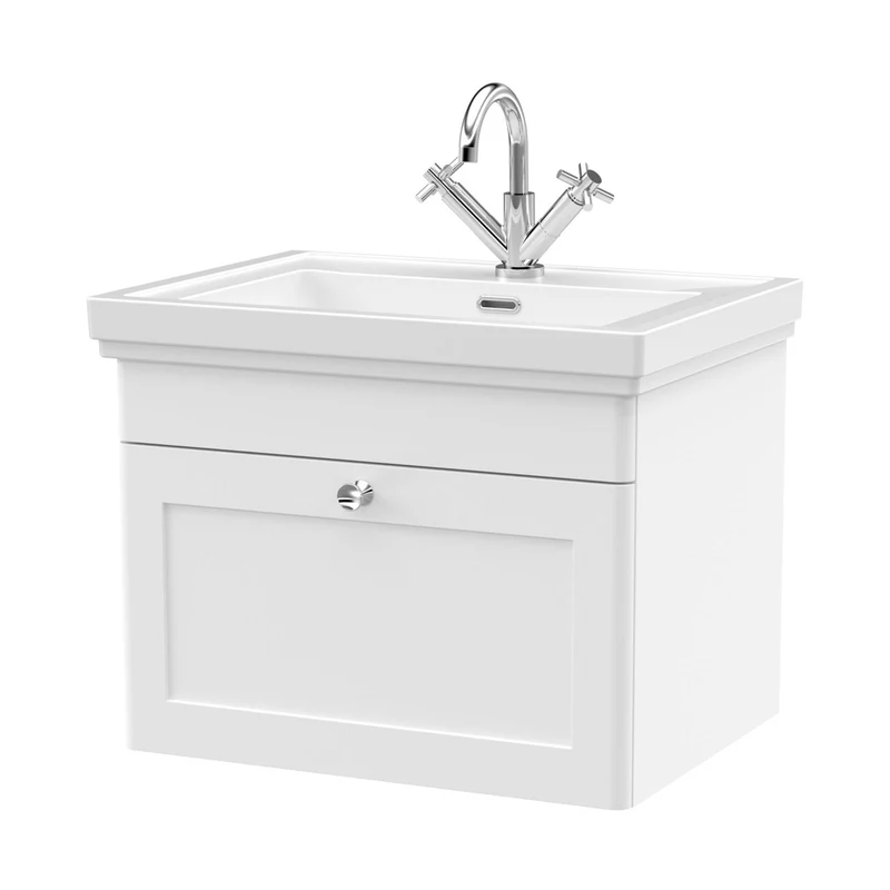 Nuie Classique 600mm Wall Hung 1-drawer Vanity & Basin 1th Traditional Satin White MFC Painted Matt 496x631x471mm