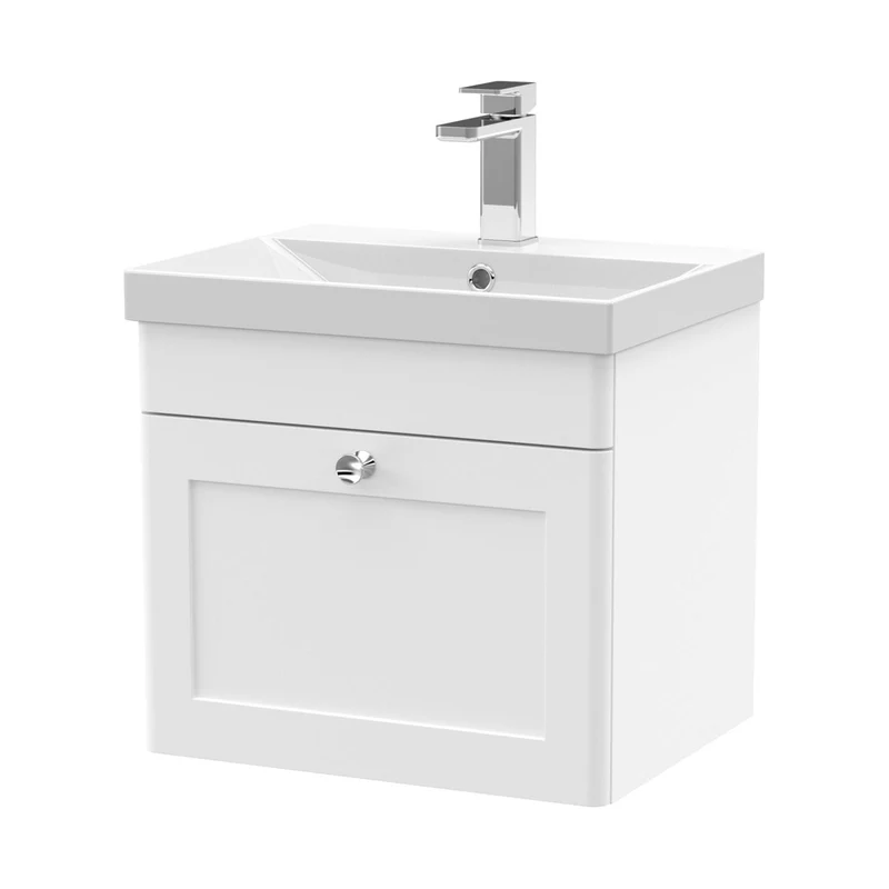 Nuie Classique 500mm Wall Hung 1 Drawer Vanity & Basin 3 Traditional Satin White MFC Painted Matt 481x510x395mm