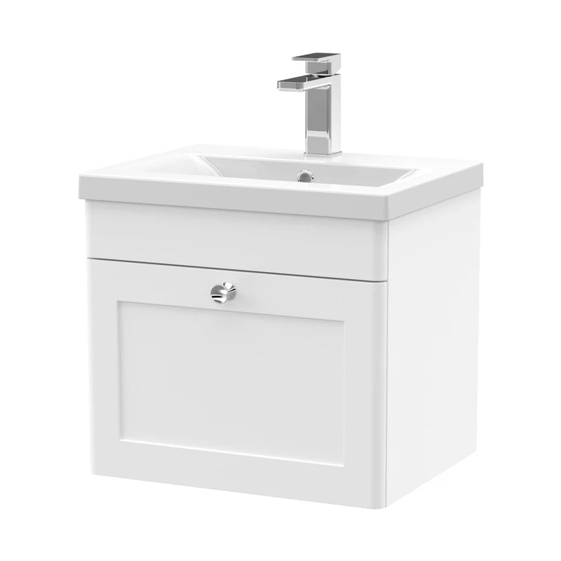 Nuie Classique 500mm Wall Hung 1 Drawer Vanity & Basin 1 Traditional Satin White MFC Painted Matt 471x510x390mm