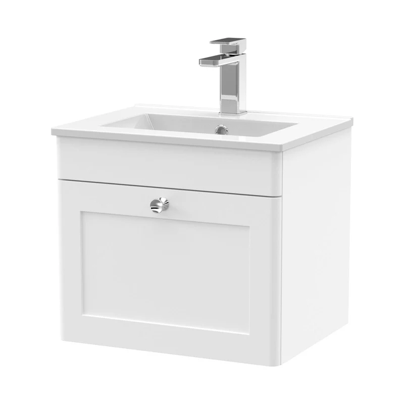 Nuie Classique 500mm Wall Hung 1 Drawer Vanity & Basin 2 Traditional Satin White MFC Painted Matt 449x500x390mm