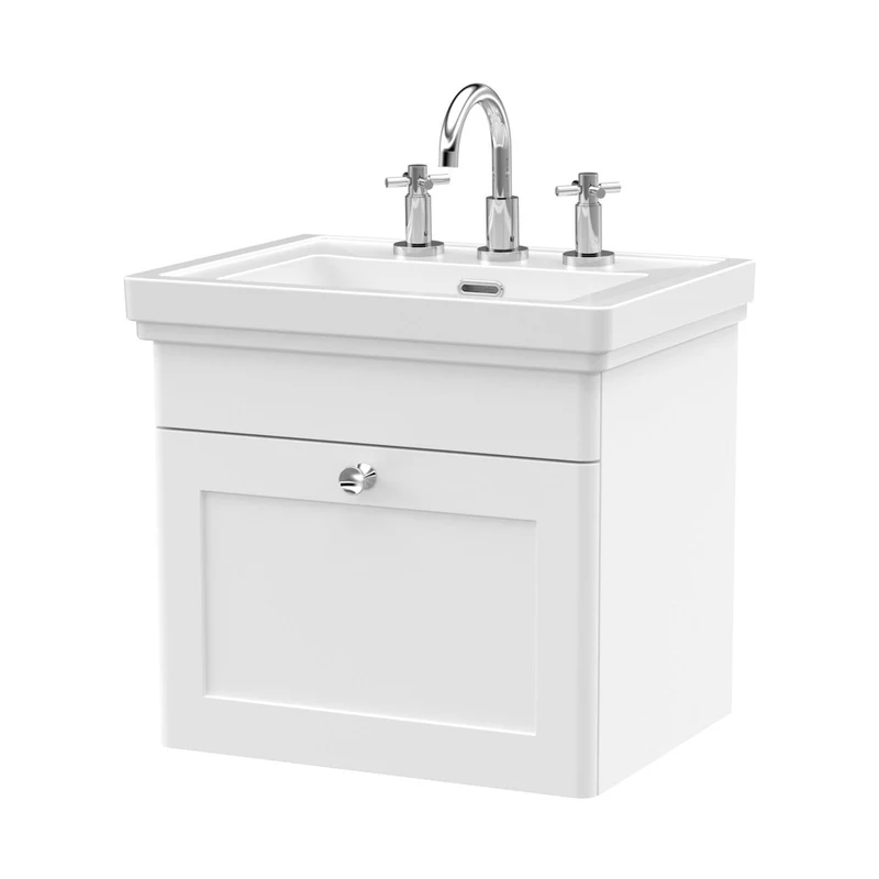 Nuie Classique 500mm Wall Hung 1-drawer Vanity & Basin 3th Traditional Satin White MFC Painted Matt 496x531x406mm