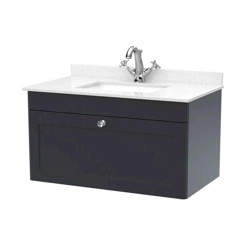 Nuie Classique 800mm Wall Hung 1 Drawer Vanity & Marble Top 1th Traditional Soft Black MFC Painted Matt 445x820x463mm - CLC1496WS1