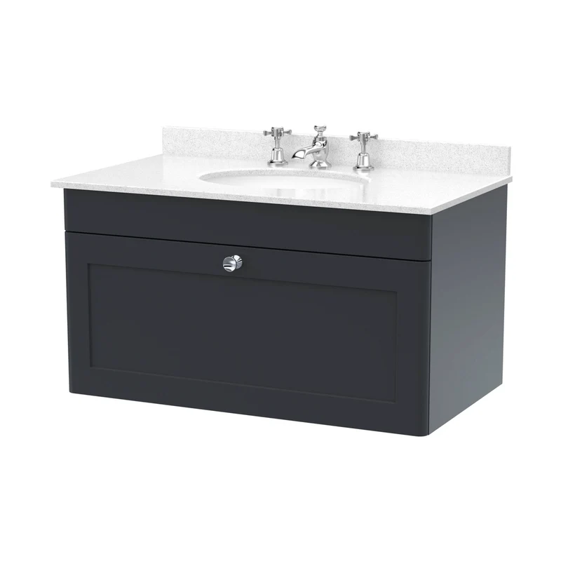 Nuie Classique 800mm Wall Hung 1 Drawer Vanity & Marble Top 3th Traditional Soft Black MFC Painted Matt 445x820x463mm - CLC1496WR3