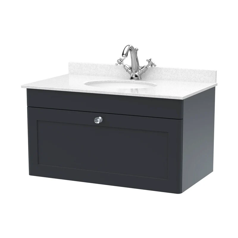 Nuie Classique 800mm Wall Hung 1 Drawer Vanity & Marble Top 1th Traditional Soft Black MFC Painted Matt 445x820x463mm - CLC1496WR1