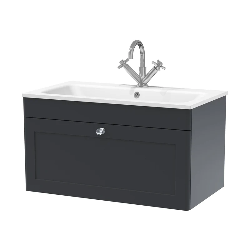 Nuie Classique 800mm Wall Hung 1-drawer Unit & Stone Basin 1th Traditional Soft Black MFC Painted Matt,stone 447x805x460mm - CLC1496P