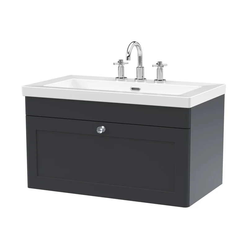 Nuie Classique 800mm Wall Hung Single Drawer Vanity With Basin - 3 Tap Hole Traditional Soft Black Fireclay 476x813x462mm