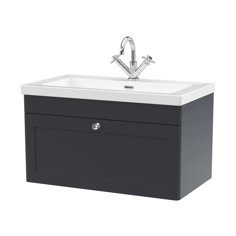 Nuie Classique 800mm Wall Hung Single Drawer Vanity With Basin - 1 Tap Hole Traditional Soft Black Fireclay 476x813x462mm