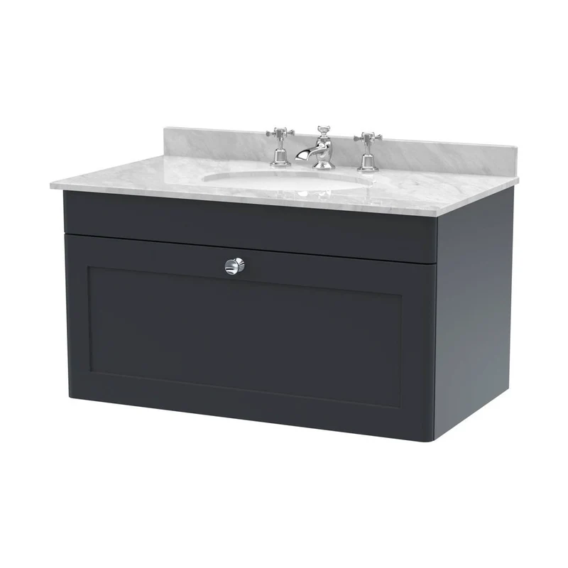 Nuie Classique 800mm Wall Hung 1 Drawer Vanity & Marble Top 3th Traditional Soft Black MFC Painted Matt 445x820x463mm - CLC1496GR3