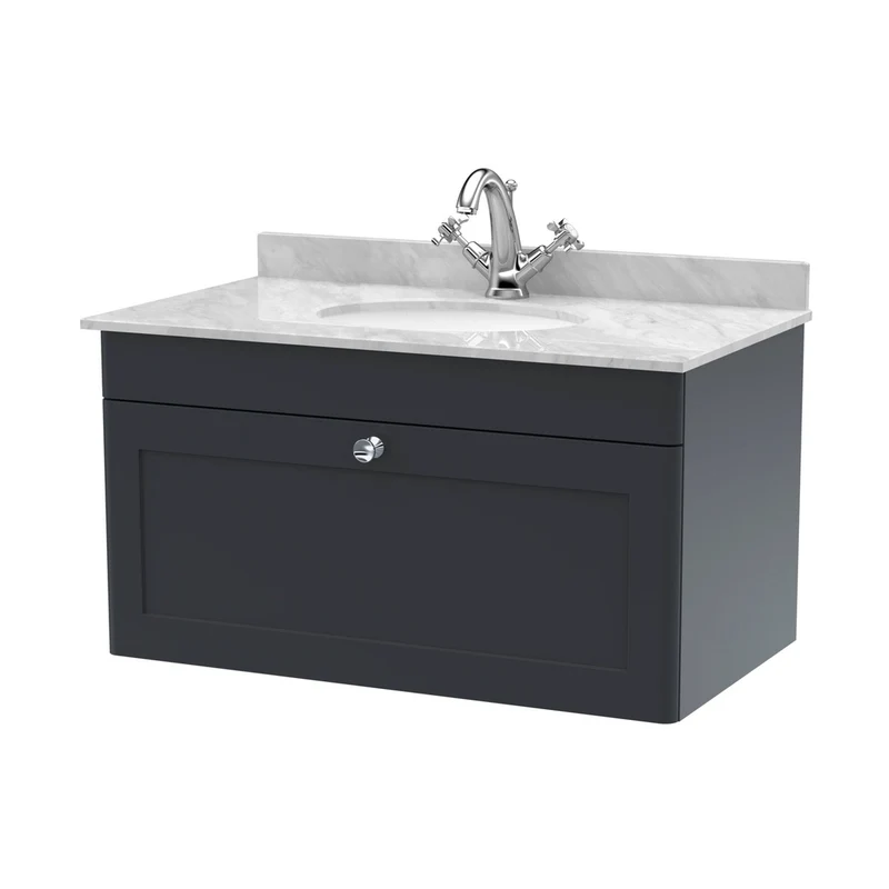 Nuie Classique 800mm Wall Hung 1 Drawer Vanity & Marble Top 1th Traditional Soft Black MFC Painted Matt 445x820x463mm - CLC1496GR1