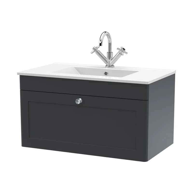 Nuie Classique 800mm Wall Hung Single Drawer Vanity With Basin - 1 Tap Hole Traditional Soft Black Vitreous China 449x805x460mm