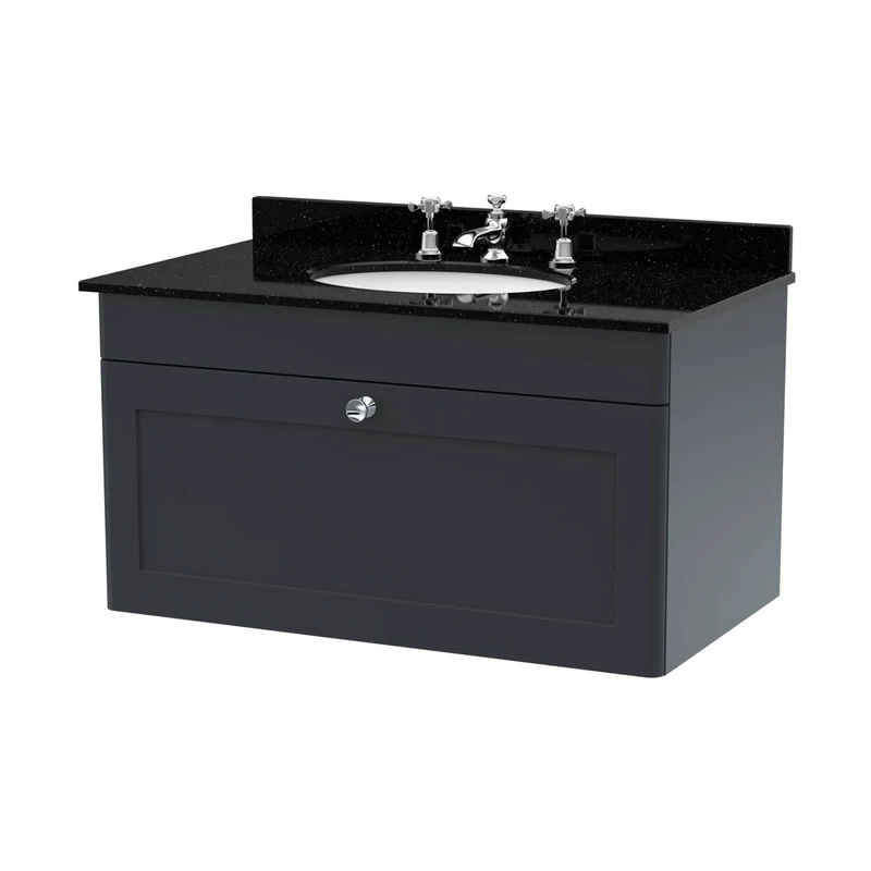 Nuie Classique 800mm Wall Hung 1 Drawer Vanity & Marble Top 3th Traditional Soft Black MFC Painted Matt 445x820x463mm - CLC1496BR3